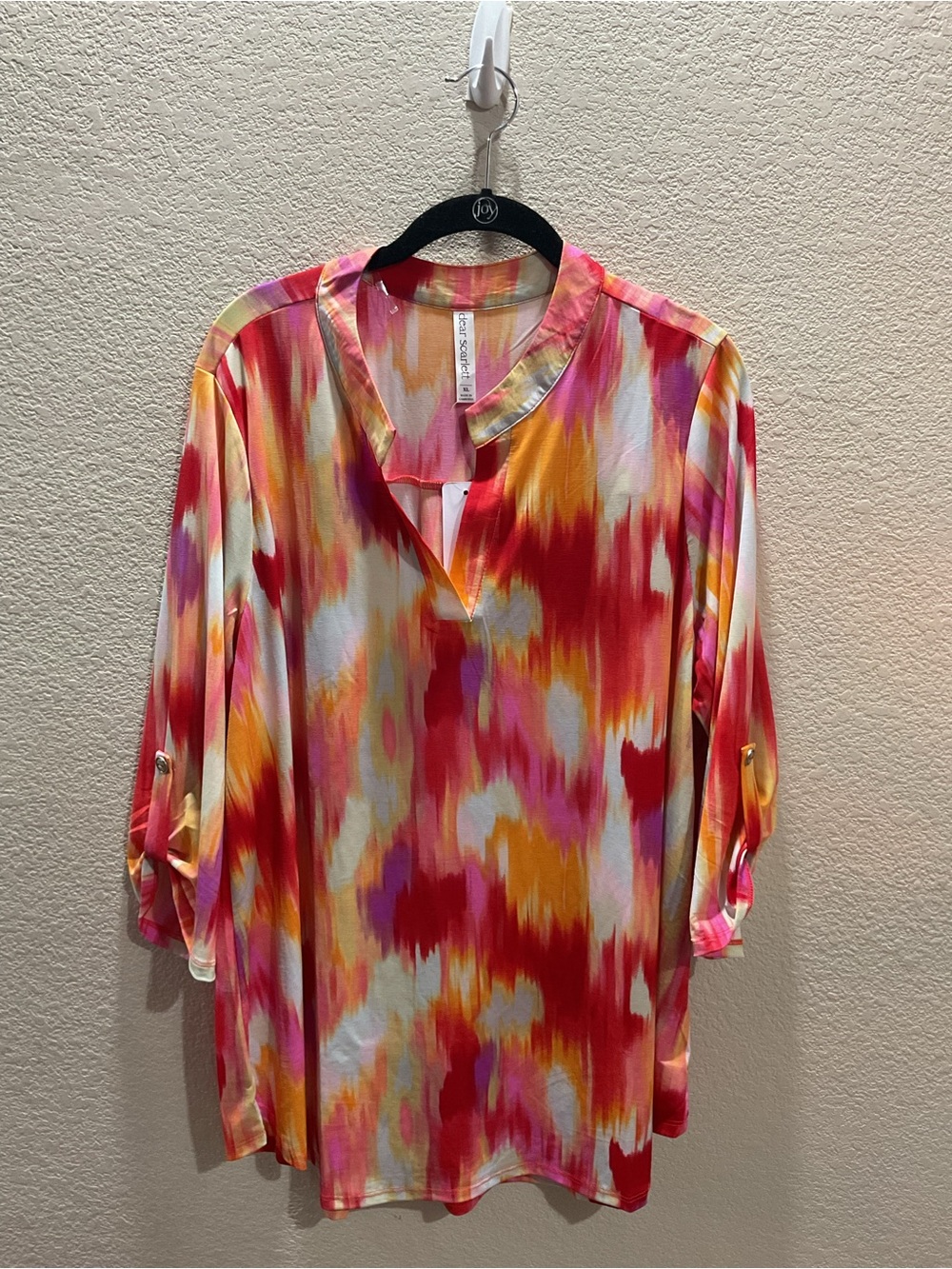 Tie-Dye Split-Neck Tunic in Pink/Red/Yellow